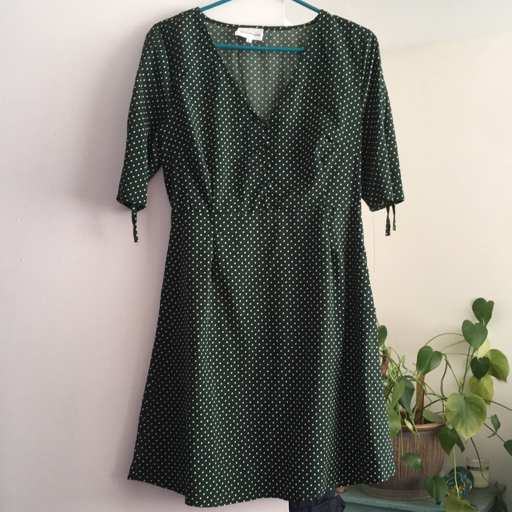 Love+ Harmony Green Polka  Dot Ruched Sleeve Midi Dress with V-Neck.